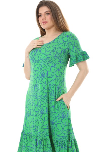 Butik Fırfırlı Kısa Kollu Yeşil Çiçek Desenli Cepli Elbise indirimleri