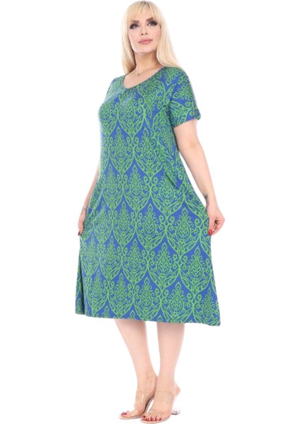 Butik Yeşil Dantel Desen Kuplu Cepli Kısa Kol Kadın Midi Elbise