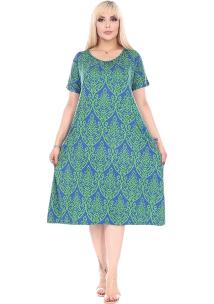 Butik Yeşil Dantel Desen Kuplu Cepli Kısa Kol Kadın Midi Elbise fiyatları