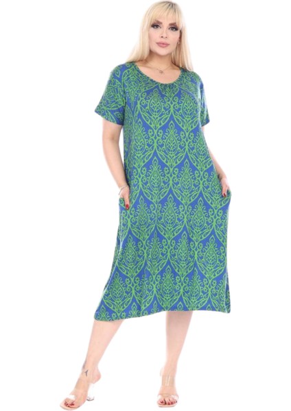 Butik Yeşil Dantel Desen Kuplu Cepli Kısa Kol Kadın Midi Elbise modelleri