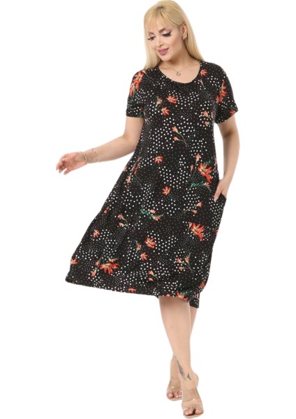Butik Turuncu Zambak Desen Kuplu Cepli Kısa Kol Kadın Midi Elbise