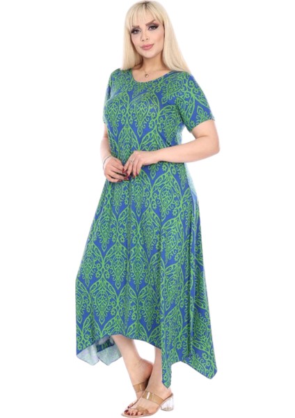 Butik Yeşil Dantel Desen Asimetrik Kısa Kollu Elbise