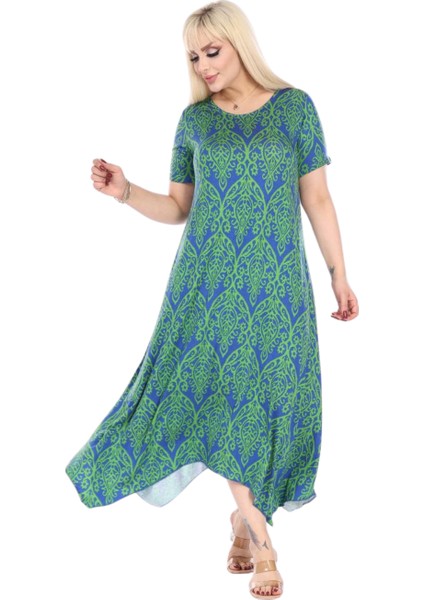 Butik Yeşil Dantel Desen Asimetrik Kısa Kollu Elbise
