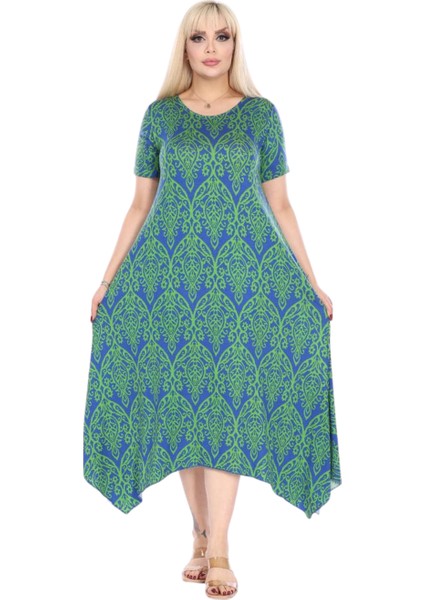 Butik Yeşil Dantel Desen Asimetrik Kısa Kollu Elbise