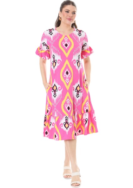 Butik Kısa Kollu Fırfırlı Cepli Pembe Motif Desenli Midi Elbise fiyatları