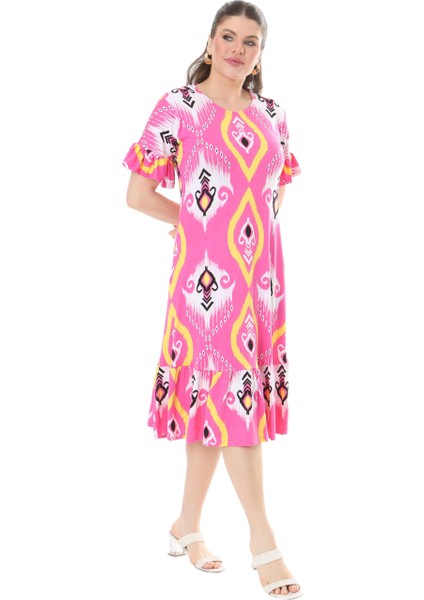Butik Kısa Kollu Fırfırlı Cepli Pembe Motif Desenli Midi Elbise fırsatları