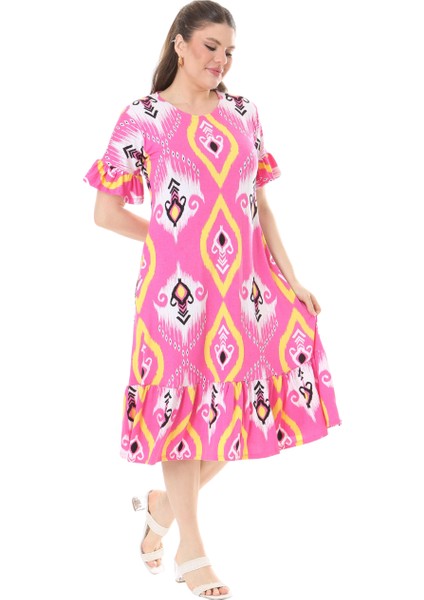 Butik Kısa Kollu Fırfırlı Cepli Pembe Motif Desenli Midi Elbise indirimleri