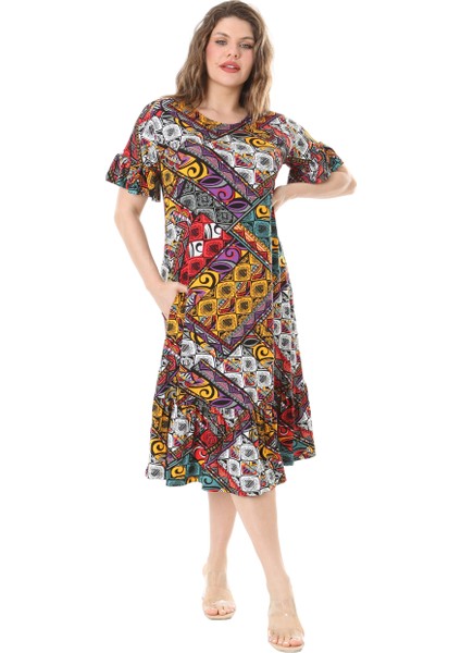 Butik Kısa Kollu Fırfırlı Cepli Sarı Patchwork Desenli Midi Elbise fiyatları