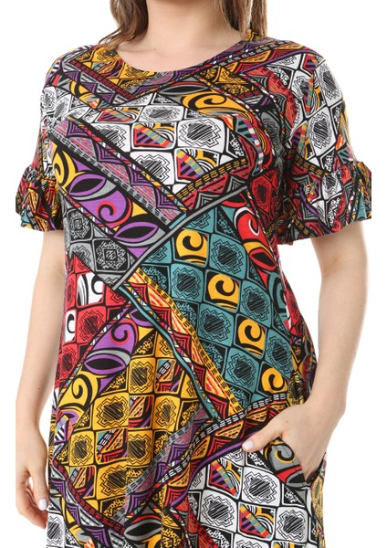 Butik Kısa Kollu Fırfırlı Cepli Sarı Patchwork Desenli Midi Elbise indirimleri