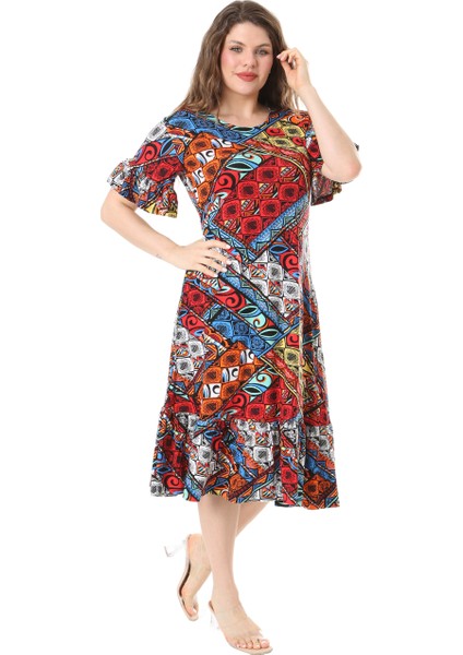 Butik Kısa Kollu Fırfırlı Cepli Mavi Patchwork Desenli Midi Elbise