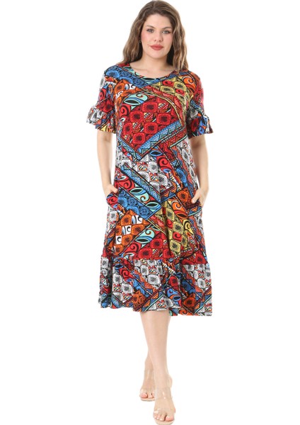 Butik Kısa Kollu Fırfırlı Cepli Mavi Patchwork Desenli Midi Elbise