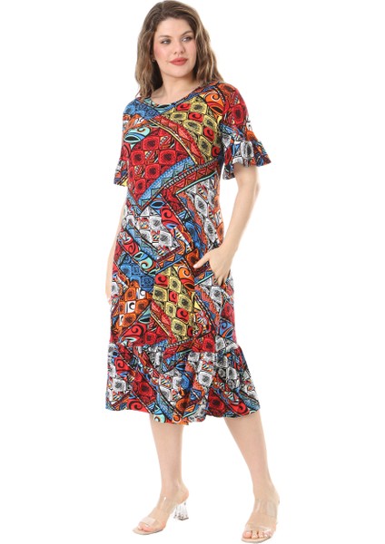 Butik Kısa Kollu Fırfırlı Cepli Mavi Patchwork Desenli Midi Elbise