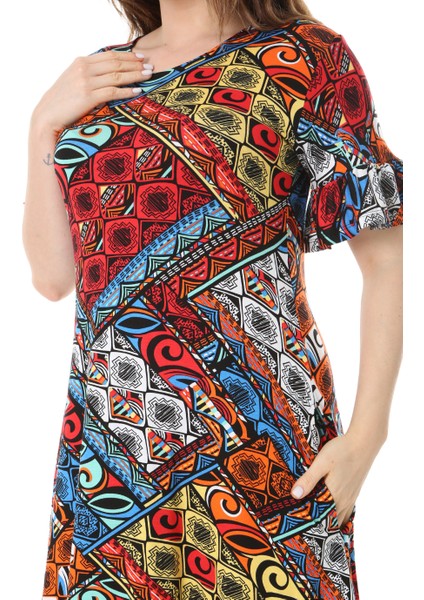 Butik Kısa Kollu Fırfırlı Cepli Mavi Patchwork Desenli Midi Elbise