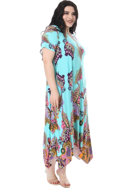 Butik Turkuaz Renkli Şal Desen Asimetrik Kısa Kollu Elbise modelleri
