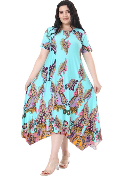 Butik Turkuaz Renkli Şal Desen Asimetrik Kısa Kollu Elbise fırsatları