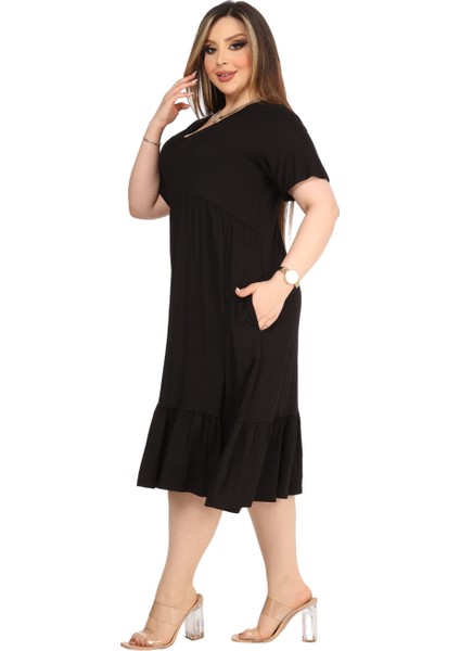 Butik Göğüsten Robalı V Yaka Kısa Kollu Siyah Cepli Elbise