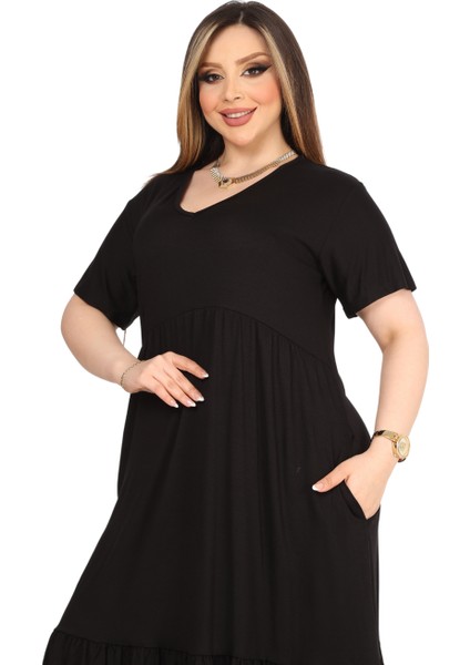 Butik Göğüsten Robalı V Yaka Kısa Kollu Siyah Cepli Elbise