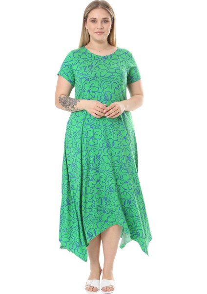 Butik Yeşil Çiçek Desen Asimetrik Kısa Kollu Elbise