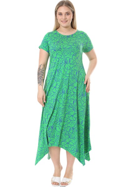 Butik Yeşil Çiçek Desen Asimetrik Kısa Kollu Elbise fiyatları