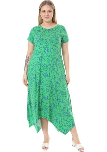 Butik Yeşil Çiçek Desen Asimetrik Kısa Kollu Elbise modelleri