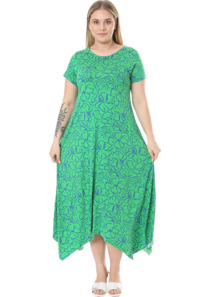 Butik Yeşil Çiçek Desen Asimetrik Kısa Kollu Elbise fırsatları
