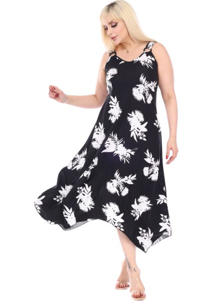 Butik Siyah Beyaz Yaprak Desen Askılı V Yaka Elbise