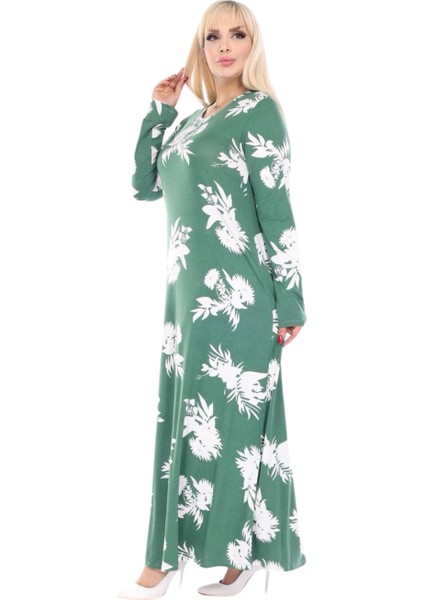 Butik Yeşil Beyaz Yaprak Desen Uzun Kollu Kadın Tesettür Elbise