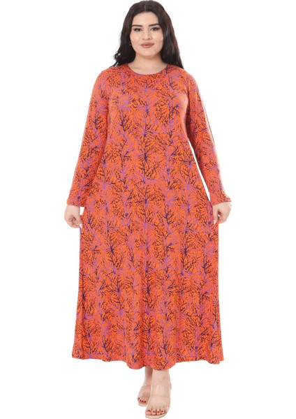 Butik Turuncu Ince Mercan Desen Uzun Kollu Kadın Elbise