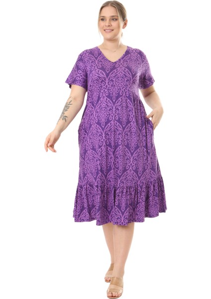 Butik Göğüsten Robalı V Yaka Kısa Kollu Mor Dantel Desenli Cepli Elbise