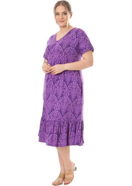 Butik Göğüsten Robalı V Yaka Kısa Kollu Mor Dantel Desenli Cepli Elbise fiyatları