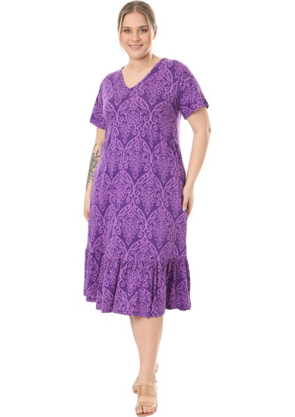 Butik Göğüsten Robalı V Yaka Kısa Kollu Mor Dantel Desenli Cepli Elbise modelleri