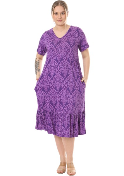 Butik Göğüsten Robalı V Yaka Kısa Kollu Mor Dantel Desenli Cepli Elbise fırsatları