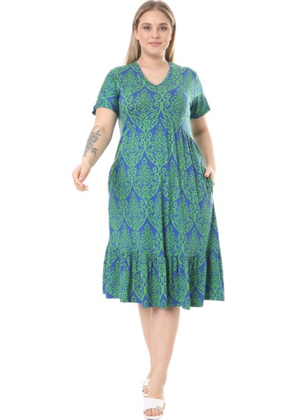 Butik Göğüsten Robalı V Yaka Kısa Kollu Yeşil Dantel Desenli Cepli Elbise