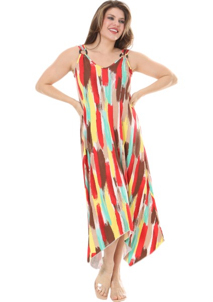 Butik Sarı Yağlıboya Desen Askılı V Yaka Elbise