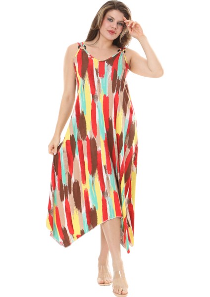 Butik Sarı Yağlıboya Desen Askılı V Yaka Elbise fiyatları