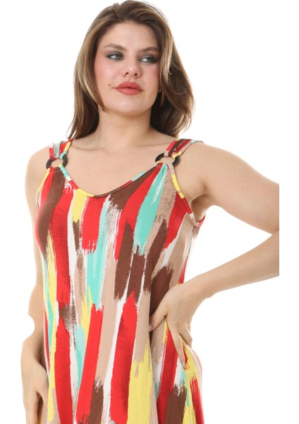 Butik Sarı Yağlıboya Desen Askılı V Yaka Elbise fırsatları
