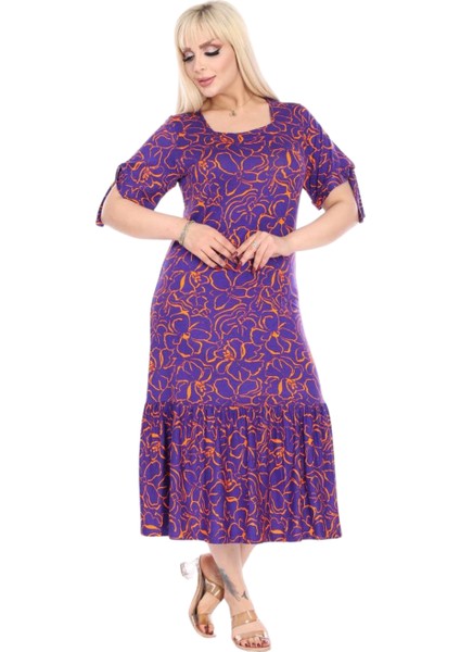 Butik Mor Çiçek Desen Kolları Bağlamalı Kısa Kollu Kadın Midi Elbise