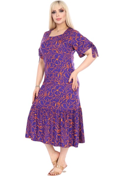 Butik Mor Çiçek Desen Kolları Bağlamalı Kısa Kollu Kadın Midi Elbise fiyatları