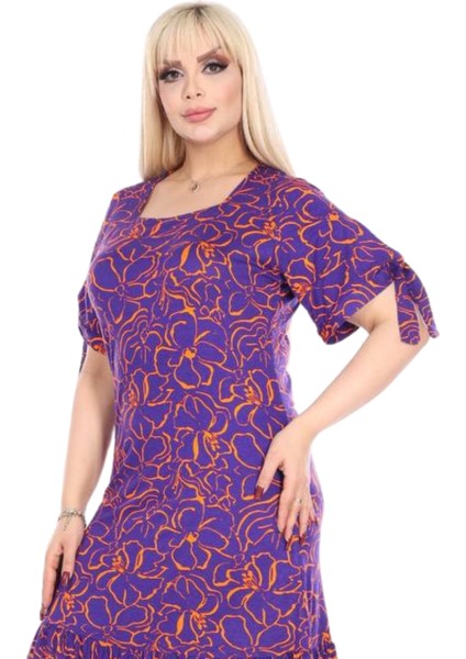 Butik Mor Çiçek Desen Kolları Bağlamalı Kısa Kollu Kadın Midi Elbise modelleri