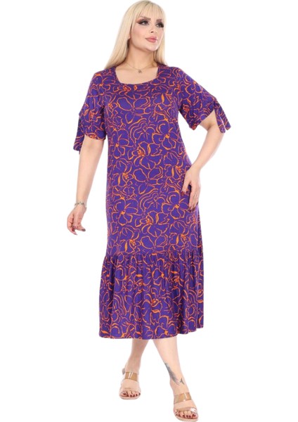 Butik Mor Çiçek Desen Kolları Bağlamalı Kısa Kollu Kadın Midi Elbise fırsatları