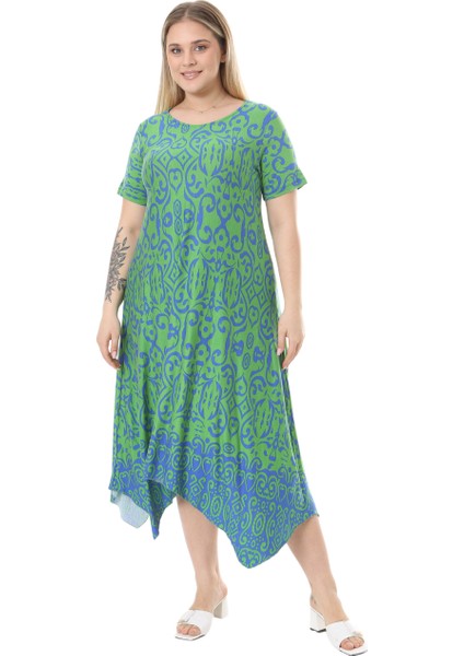 Butik Yeşil Mavi Kilim Desen Asimetrik Kısa Kollu Elbise