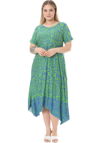 Butik Yeşil Mavi Kilim Desen Asimetrik Kısa Kollu Elbise fiyatları