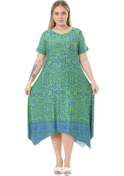 Butik Yeşil Mavi Kilim Desen Asimetrik Kısa Kollu Elbise modelleri