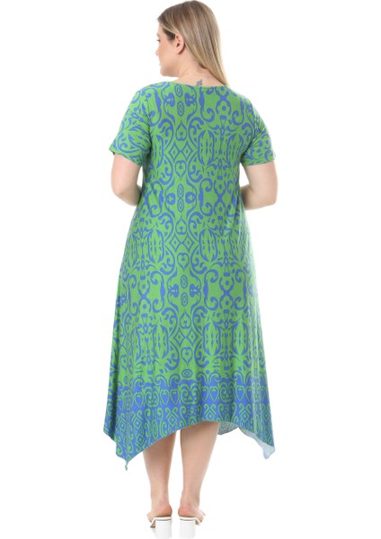 Butik Yeşil Mavi Kilim Desen Asimetrik Kısa Kollu Elbise indirimleri