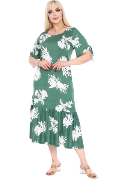 Butik Yeşil Beyaz Yaprak Desen Kolları Bağlamalı Kısa Kollu Elbise