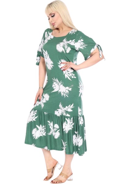 Butik Yeşil Beyaz Yaprak Desen Kolları Bağlamalı Kısa Kollu Elbise