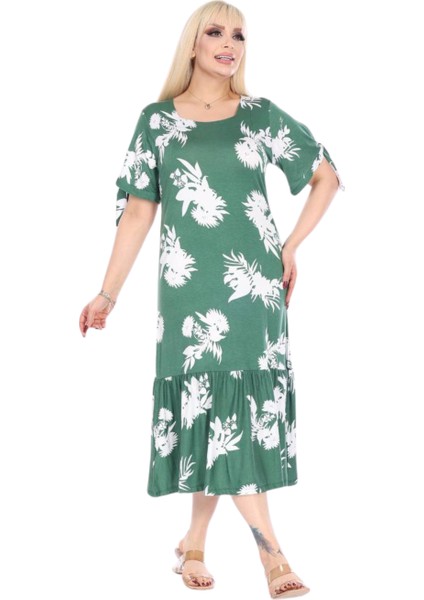 Butik Yeşil Beyaz Yaprak Desen Kolları Bağlamalı Kısa Kollu Elbise