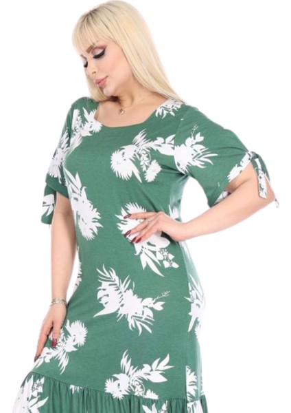 Butik Yeşil Beyaz Yaprak Desen Kolları Bağlamalı Kısa Kollu Elbise