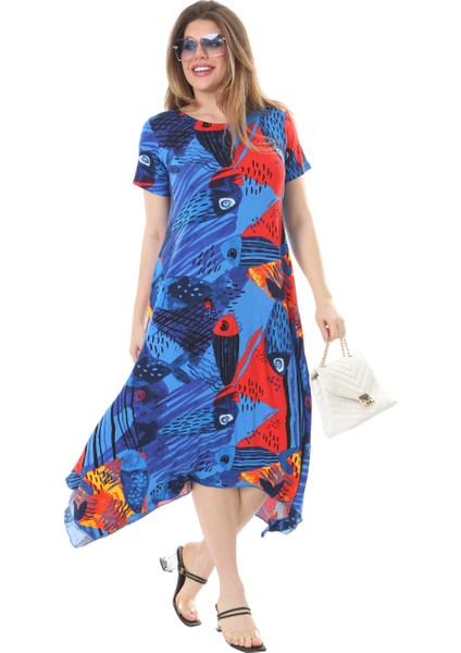 Butik Sax Balık Desen Asimetrik Kısa Kollu Elbise