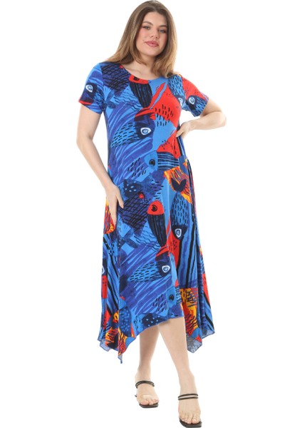 Butik Sax Balık Desen Asimetrik Kısa Kollu Elbise modelleri